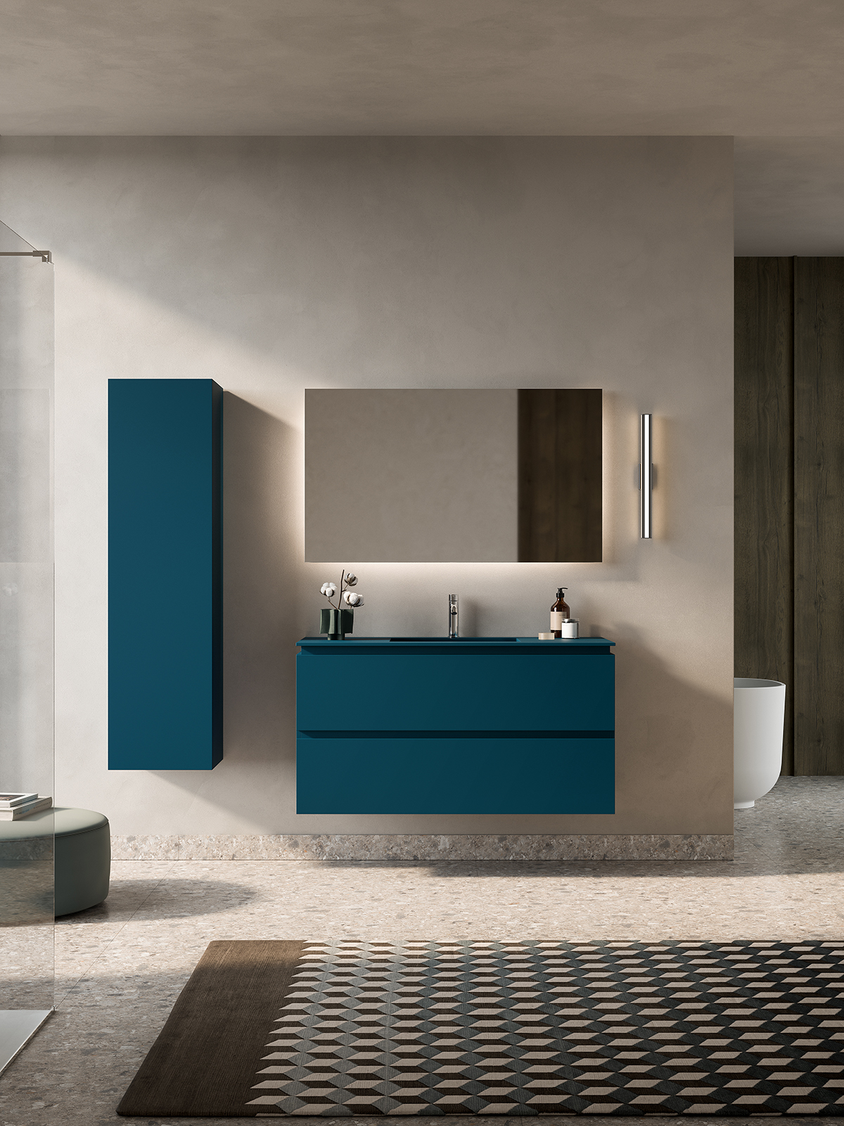 Minimalistická kúpeľňa s nábytkom v tmavomodrej farbe Blu Oceano