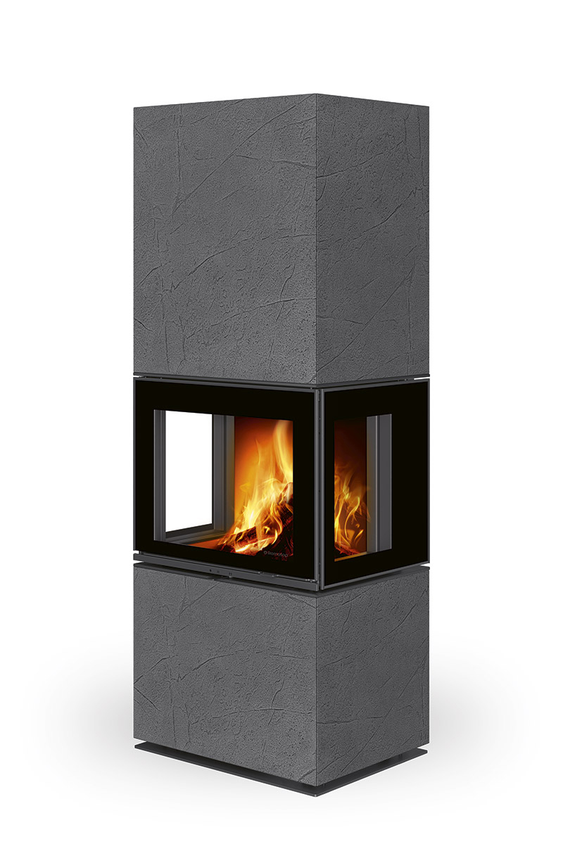 Detail dizajnového krbu s trojstranným presklením a tmavosivým obkladom THERMALINE