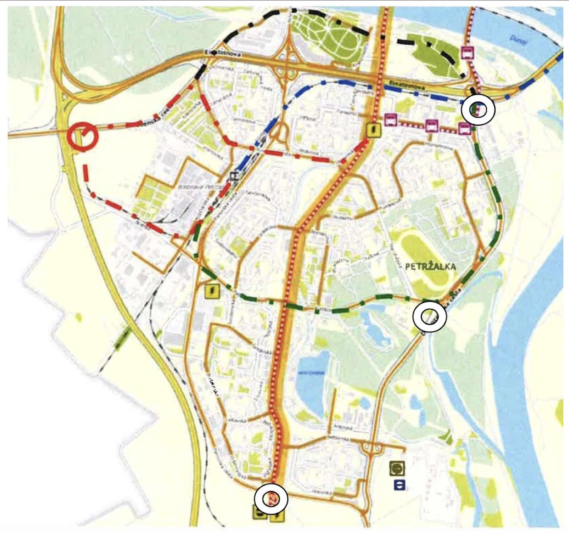Koncepčný návrh trasovania električky / koľajovej dopravy v mestskej časti Petržalka s vyznačenými záchytnými parkovacími domami v prestupových bodoch 