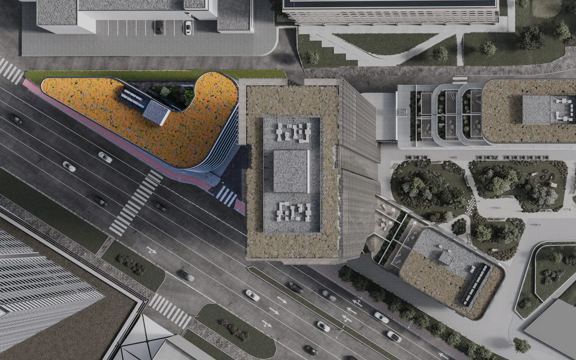 Projekt Ister Tower z výšky - vľavo sa nachádza nový apartmánový dom VEO, v strede je výšková dominanta Ister Tower.