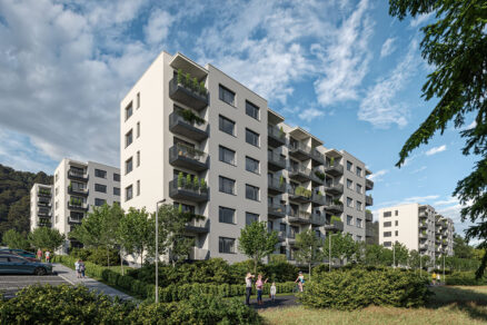 Vizualizácia moderných bytových domov Kasárne Brezno s balkónmi a zeleňou