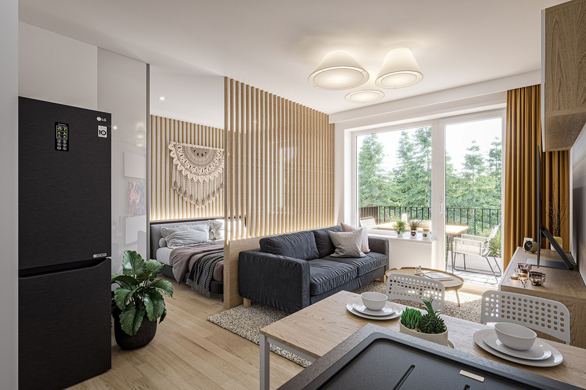 Spálňa s veľkým oknom, vstavanou skriňou a prístupom na balkón