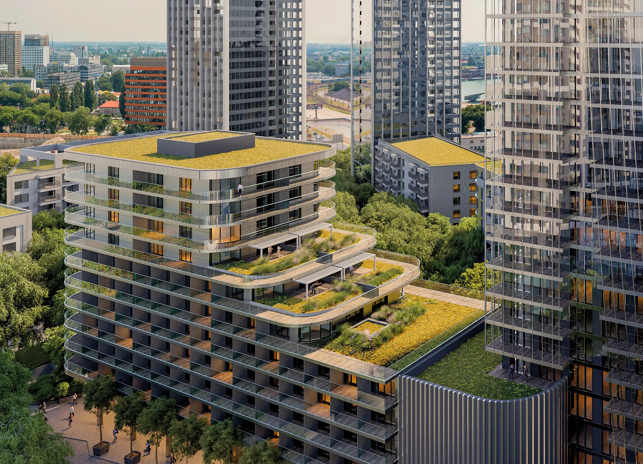 Vizualizácia projektu Ister Tower – zobrazený je dvanásťpodlažný bytový dom Parkside s terasami otočenými priamo k bytom stometrovej veže Ister Tower