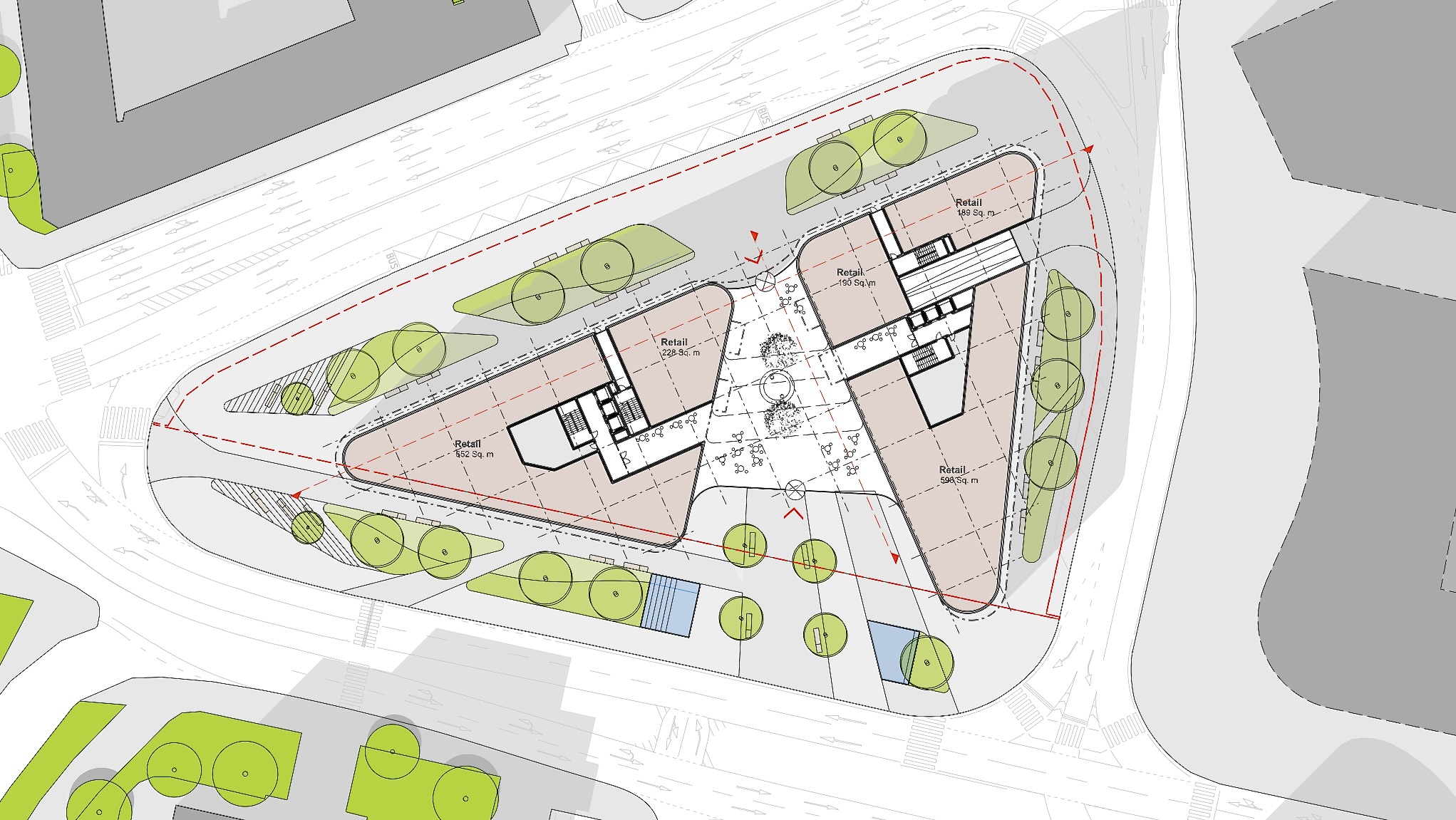 Pôdorys projektu Triangel II od kancelárie Bogle Architects
