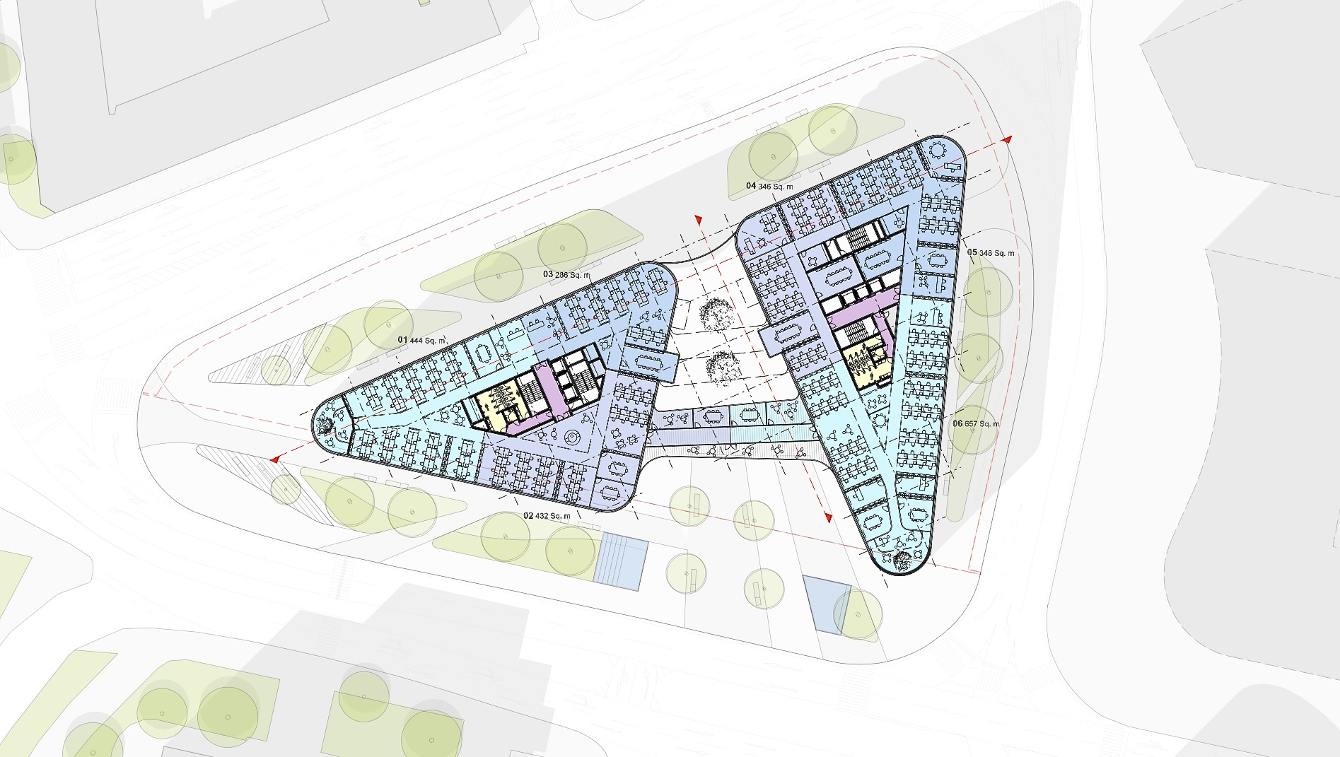 Pôdorys typického podlažia projektu Triangel II od kancelárie Bogle Architects