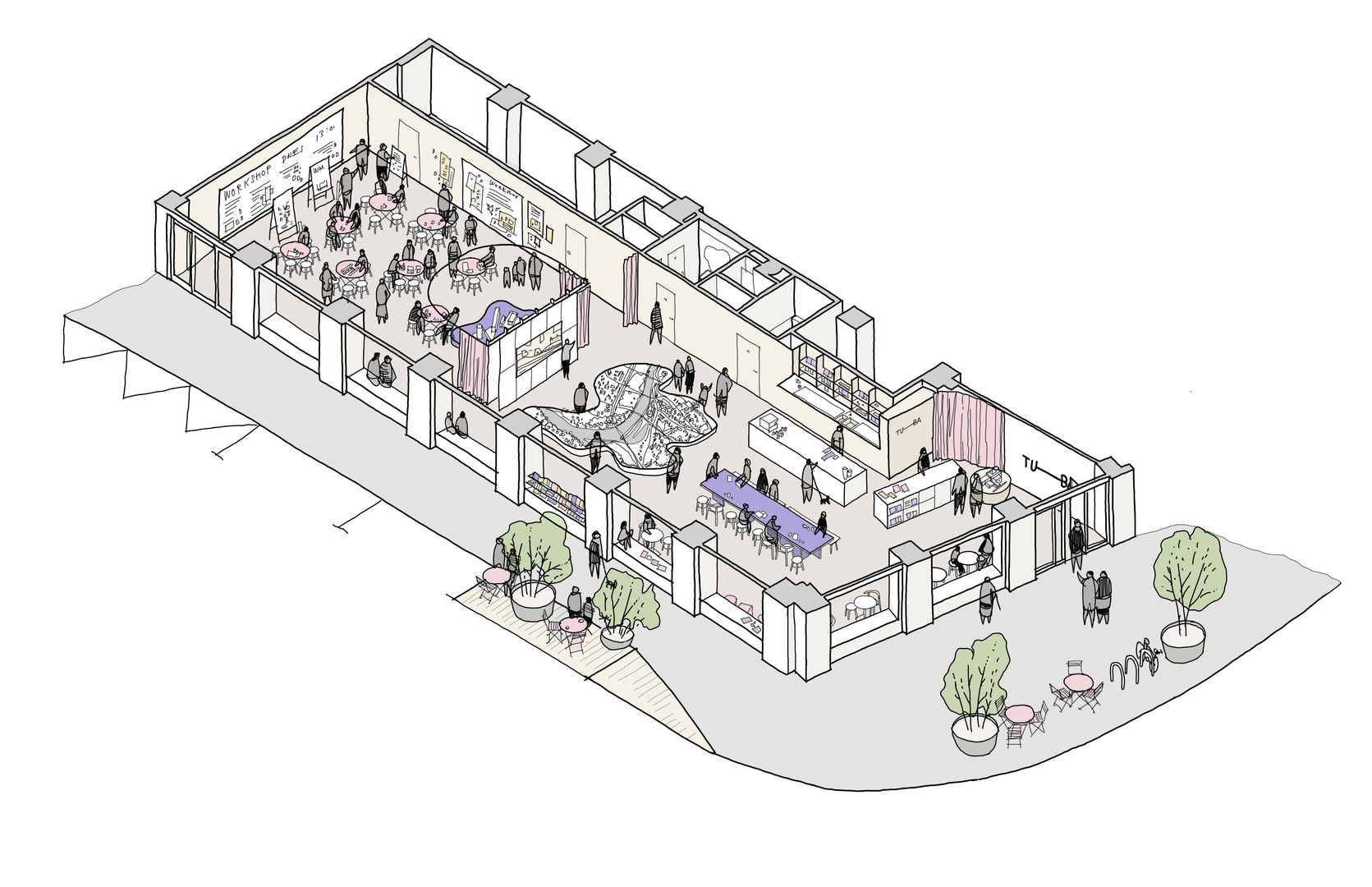 Interiér priestoru navrhlo architektonické duo Kristína Tomanová a Táňa Kuva zo štúdia
diagram.
