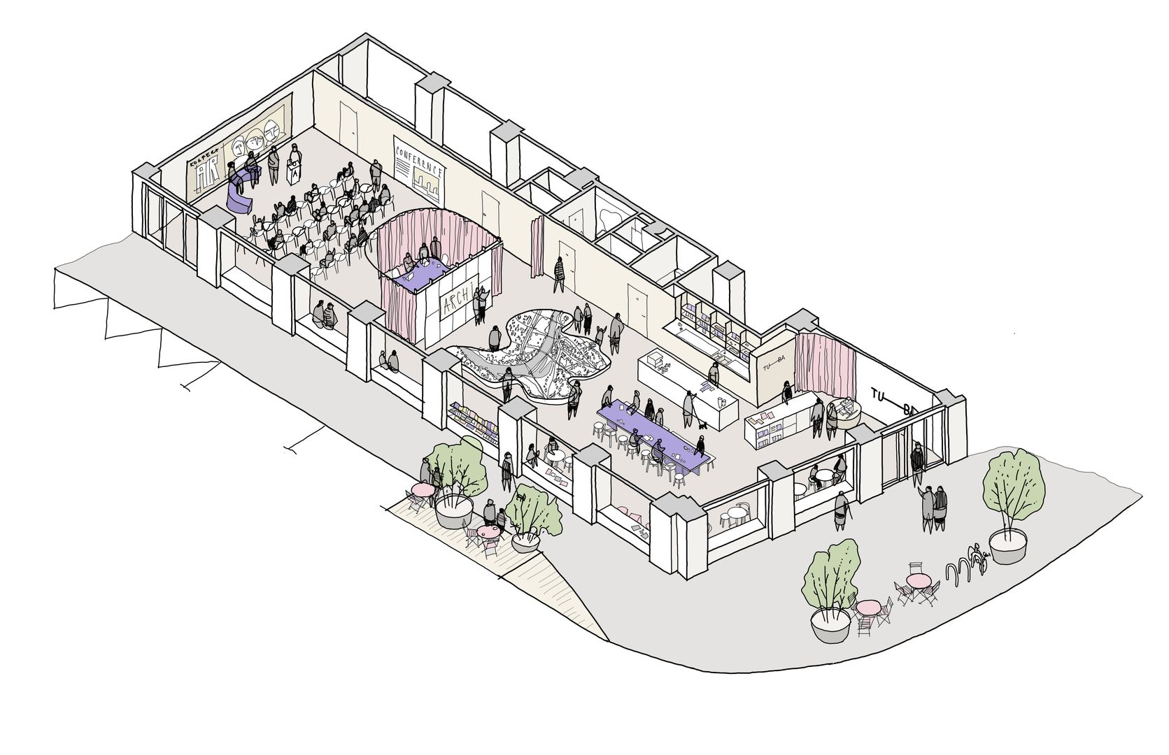 Interiér priestoru navrhlo architektonické duo Kristína Tomanová a Táňa Kuva zo štúdia
diagram.
