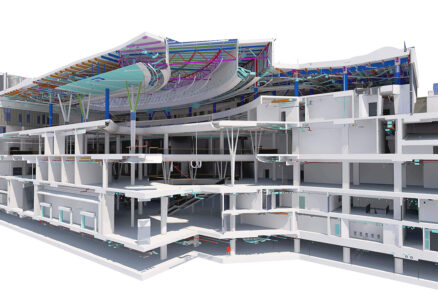 Detailný BIM model nákupného centra so zobrazením konštrukcií a technických rozvodov