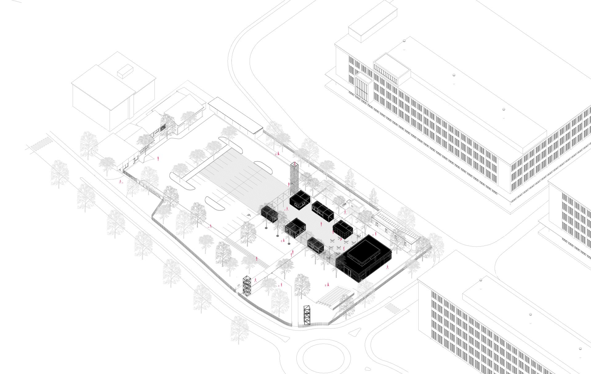 Námestie je ústredným motívom priestoru s osadenými bunkami v podobe recyklovaných lodných kontajnerov.