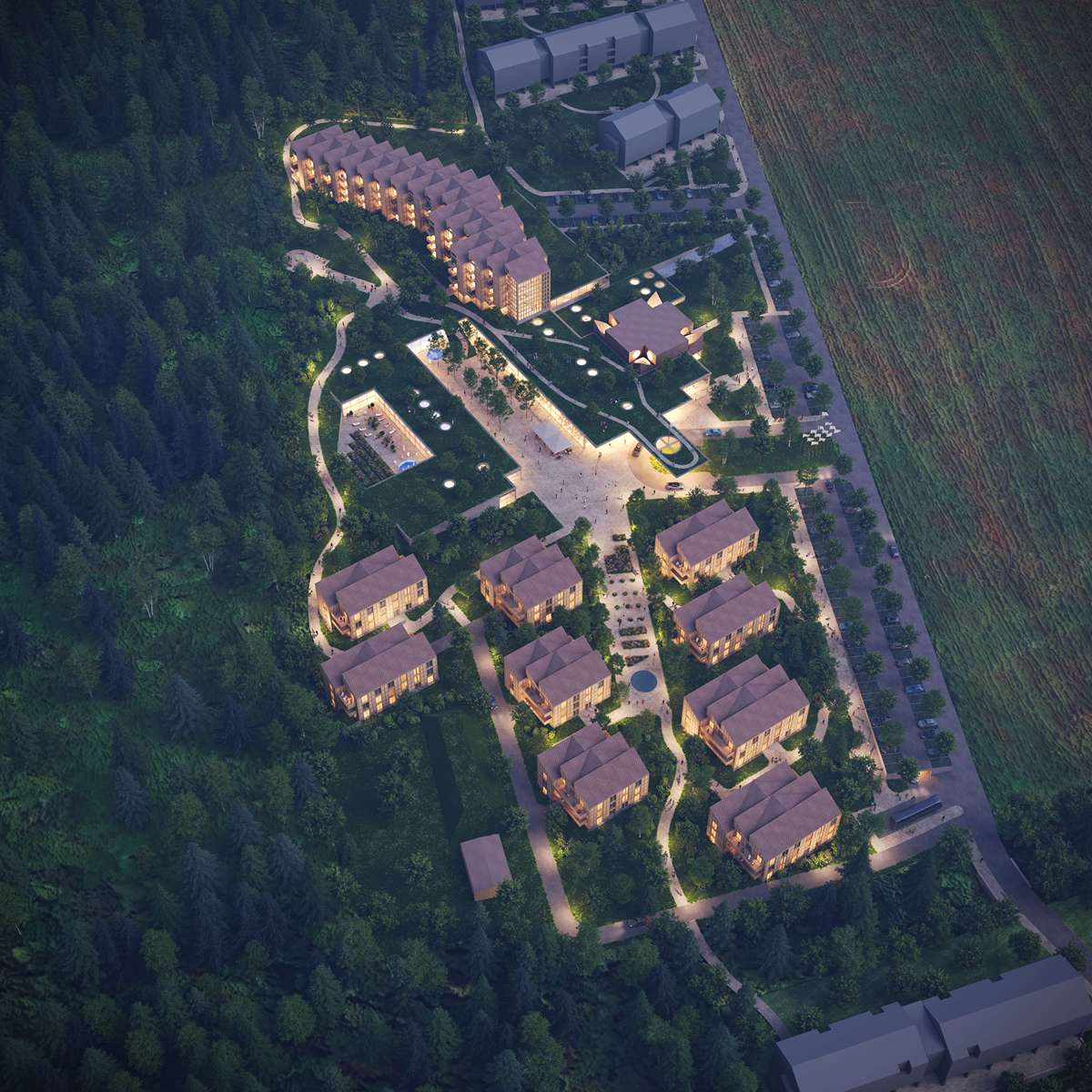 Centrom verejného priestoru je námestie s ambíciou kolonády.