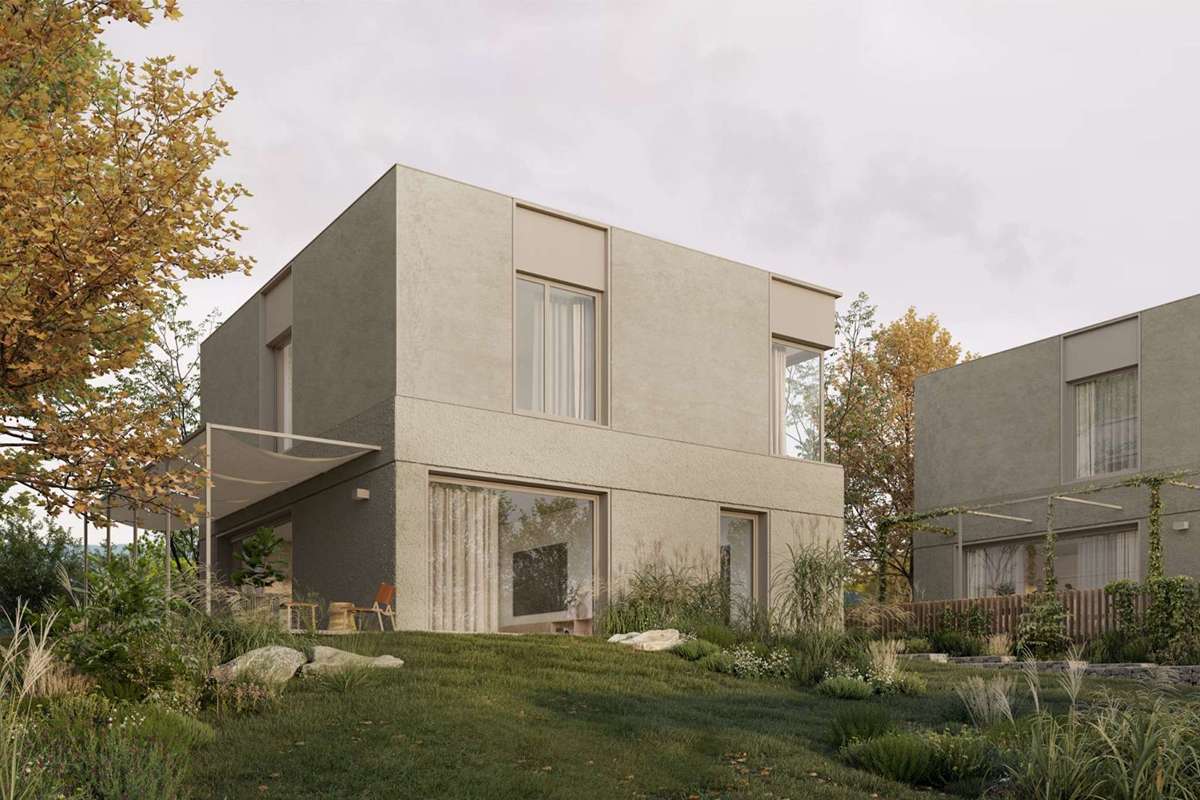 Rodinné domy budú osadené na mierne svahovitom teréne  (pracovná vizualizácia).