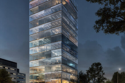 Moderná výšková budova projektu Prospect v Zlíne s presklenou fasádou a skybarom na vrchnom podlaží