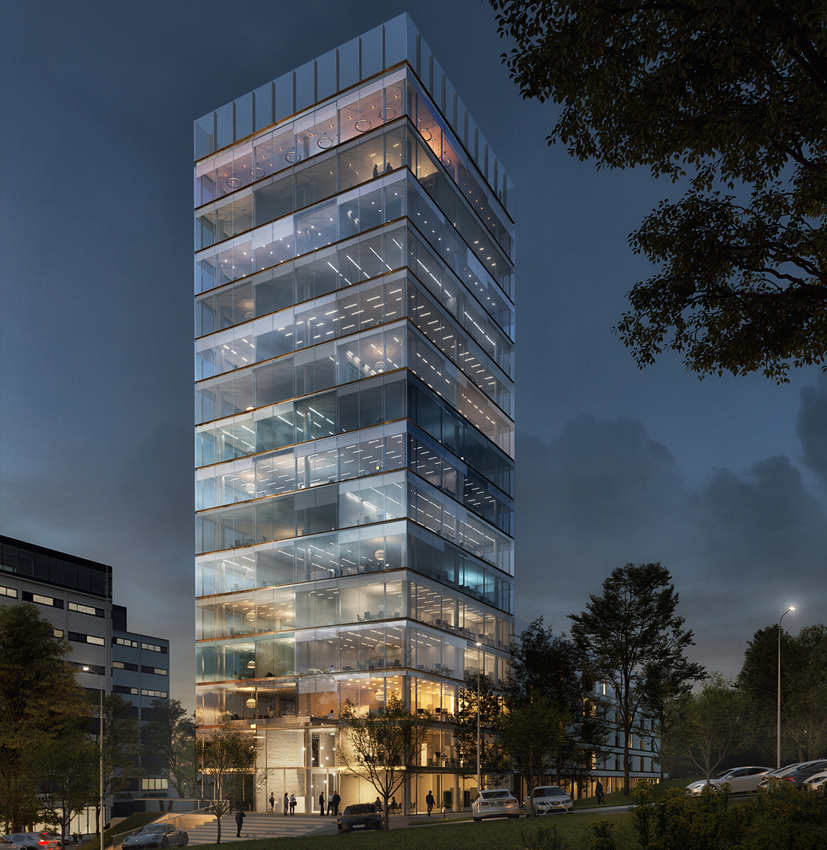 Veža polyfunkčného projektu Prospect so 16 nadzemnými podlažiami bude dominantou Námestia práce v Zlíne. Moderná výšková budova projektu Prospect v Zlíne s presklenou fasádou a skybarom na vrchnom podlaží