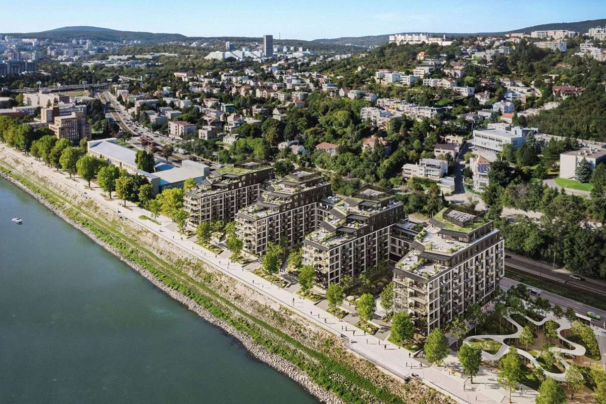 Polyfunkčný komplex Q je navrhnutý ako súbor štyroch lichobežníkových hmôt.