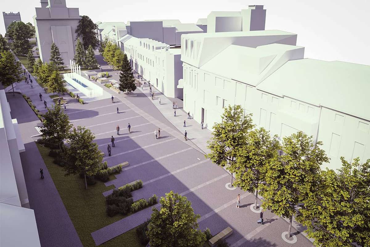 Fontána má kopírovať kompozičnú os námestia a vytvoriť dominantný prvok.