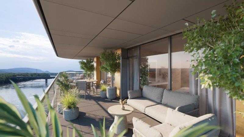 Jednotlivé objekty sú orientované tak, aby takmer všetky rezidencie mali výhľad na rieku