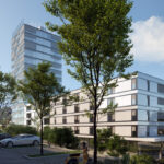 Vizualizácia polyfunkčného projektu Prospect v Zlíne so 16-podlažnou administratívnou vežou a hotelovou časťou