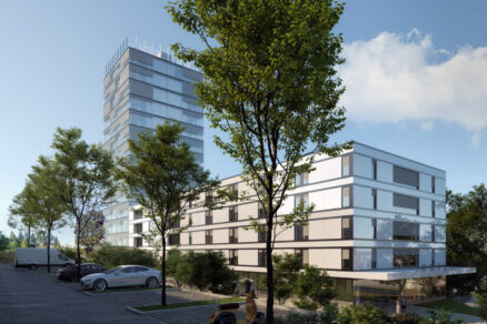 Vizualizácia polyfunkčného projektu Prospect v Zlíne so 16-podlažnou administratívnou vežou a hotelovou časťou