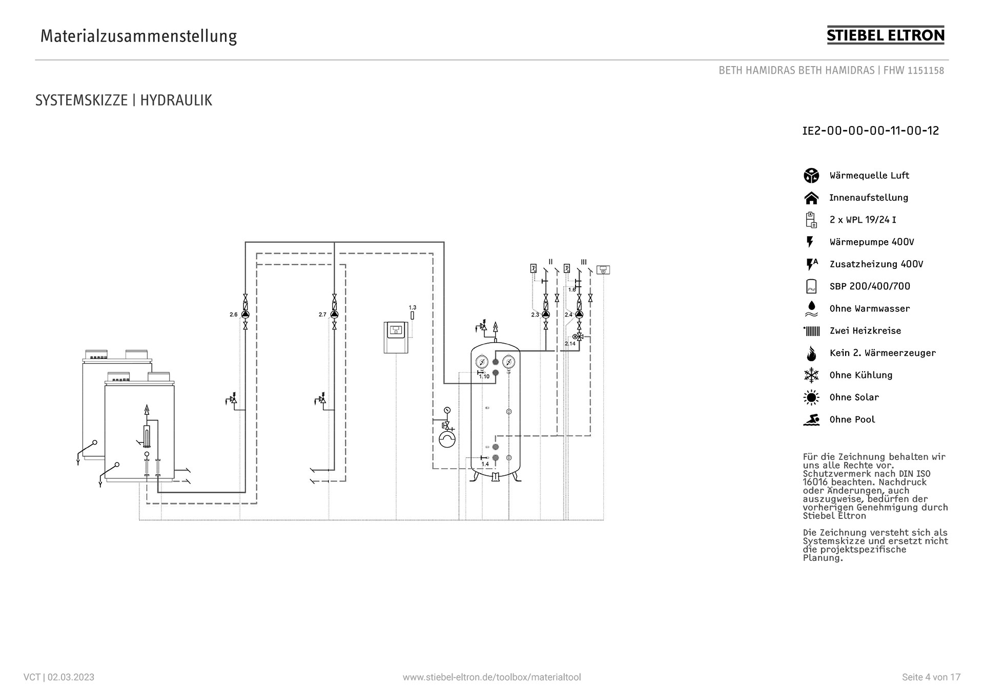 Obr. 5 Hydraulická schéma zapojenia s dvojicou tepelných čerpadiel WPL 24 I, akumulačným zásobníkom SBP 700 E, manažérom WPM a dvomi spotrebiteľskými okruhmi [4]  