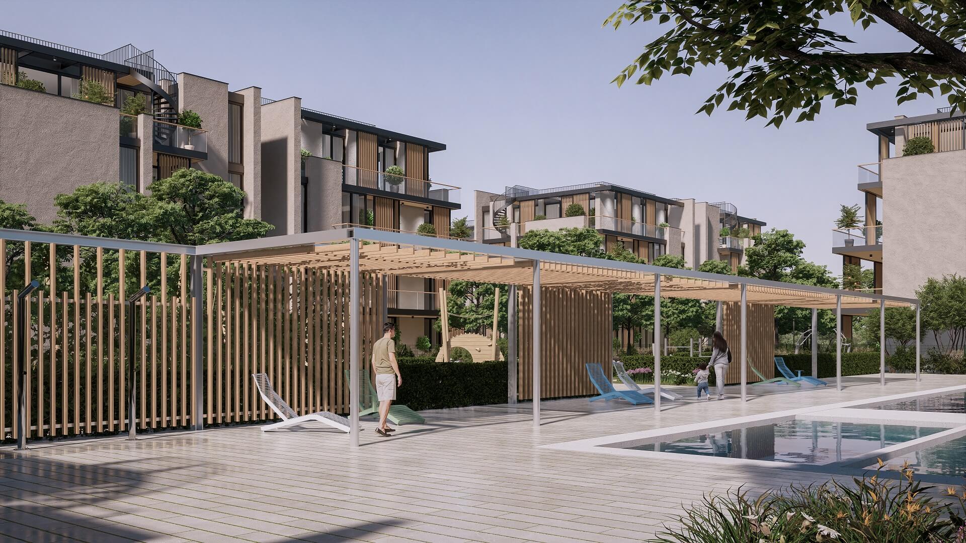 Celok doplní súkromný 25-metrový bazén, detský bazén a vonkajšia vírivka.