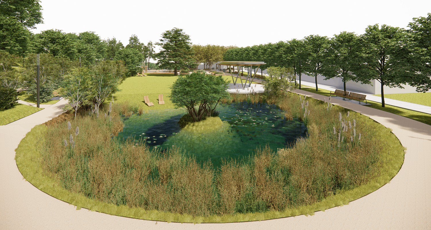 Centrálnym prvkom priestoru má byť jazierko s prírodným charakterom.