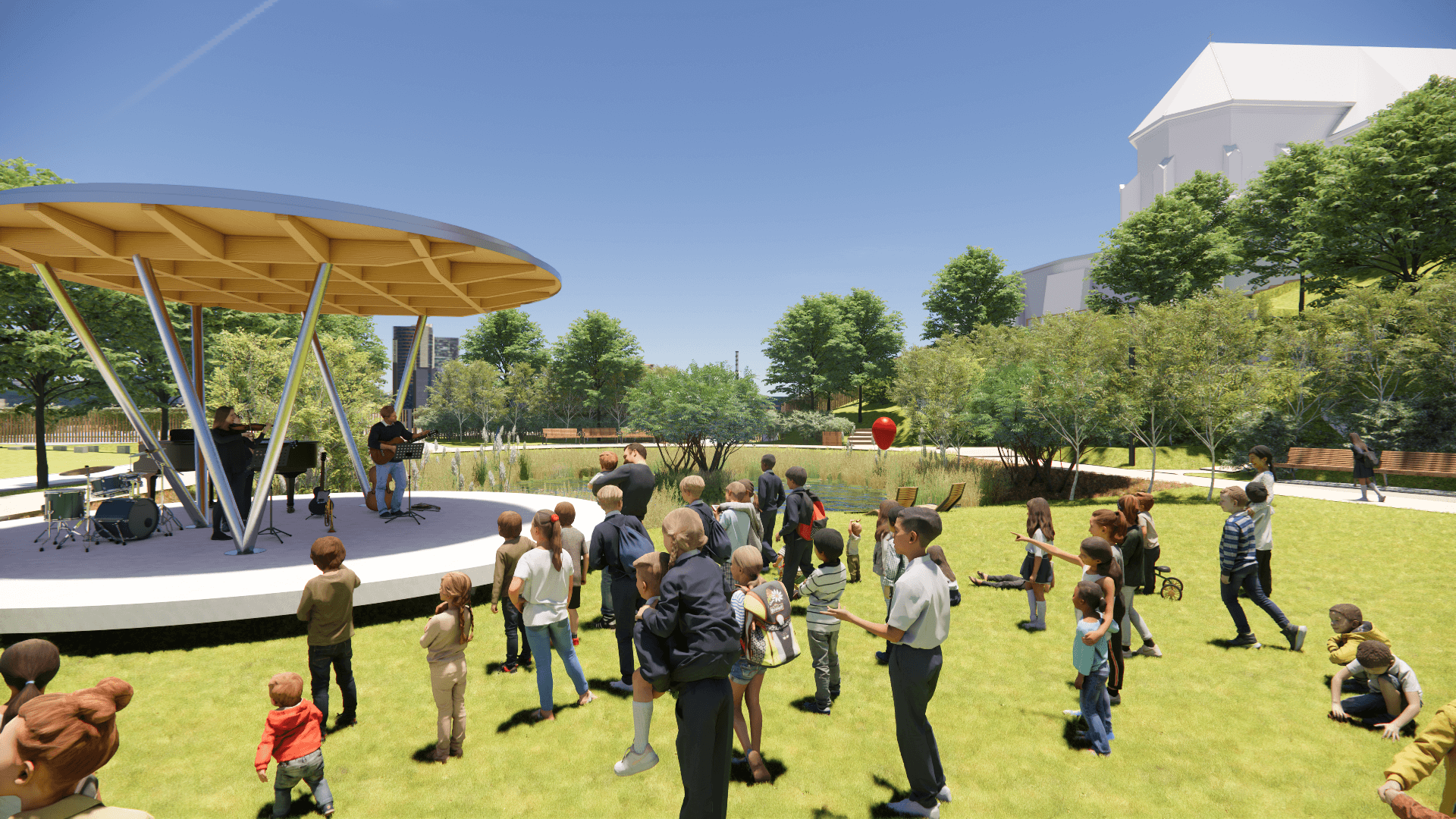 Architektonické riešenie dopĺňa pavilón so zelenou strechou.