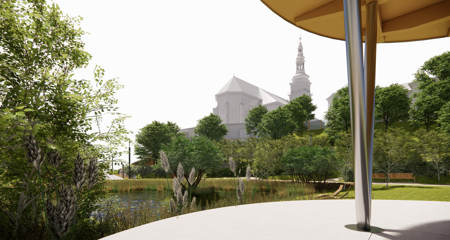 Centrálnym prvkom priestoru má byť jazierko s prírodným charakterom.