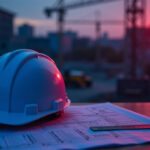 Stavebná prilba a projektová dokumentácia na stavbe pri západe slnka