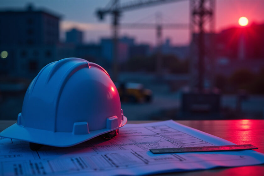 Stavebná prilba a projektová dokumentácia na stavbe pri západe slnka