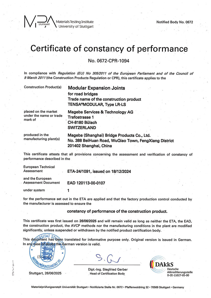 Novovydaný certifikát o nemennosti parametrov v súlade s európskym nariadením o stavebných výrobkoch (CPR) v súvislosti s nedávno udeleným ETA spoločnosti mageba pre modulárne dilatačné závery s protihlukovou úpravou. Novovydaný certifikát o nemennosti parametrov v súlade s európskym nariadením o stavebných výrobkoch (CPR) v súvislosti s nedávno udeleným ETA spoločnosti mageba pre modulárne dilatačné závery s protihlukovou úpravou.