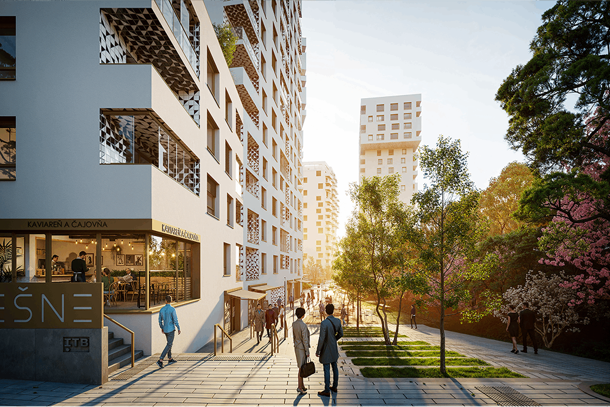 Usporiadanie budov je navrhnuté tak, aby medzi nimi vznikli prirodzené mestské priestory.