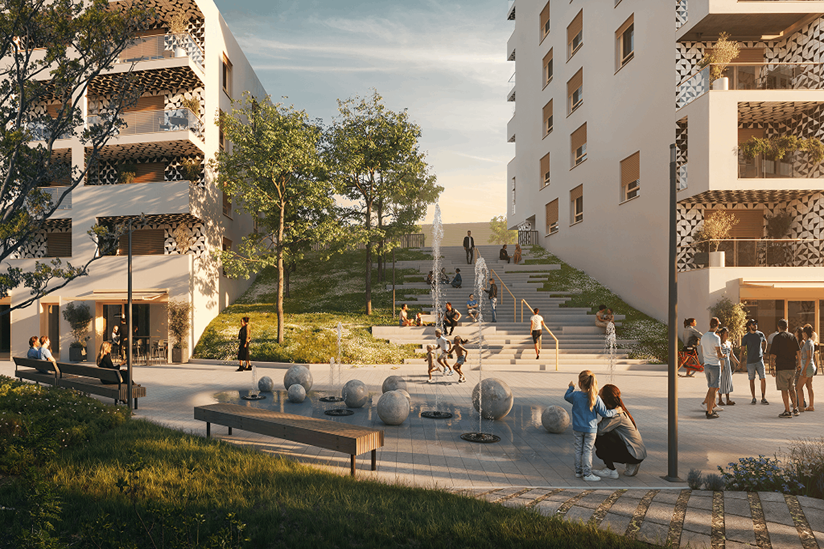 Usporiadanie budov je navrhnuté tak, aby medzi nimi vznikli prirodzené mestské priestory.