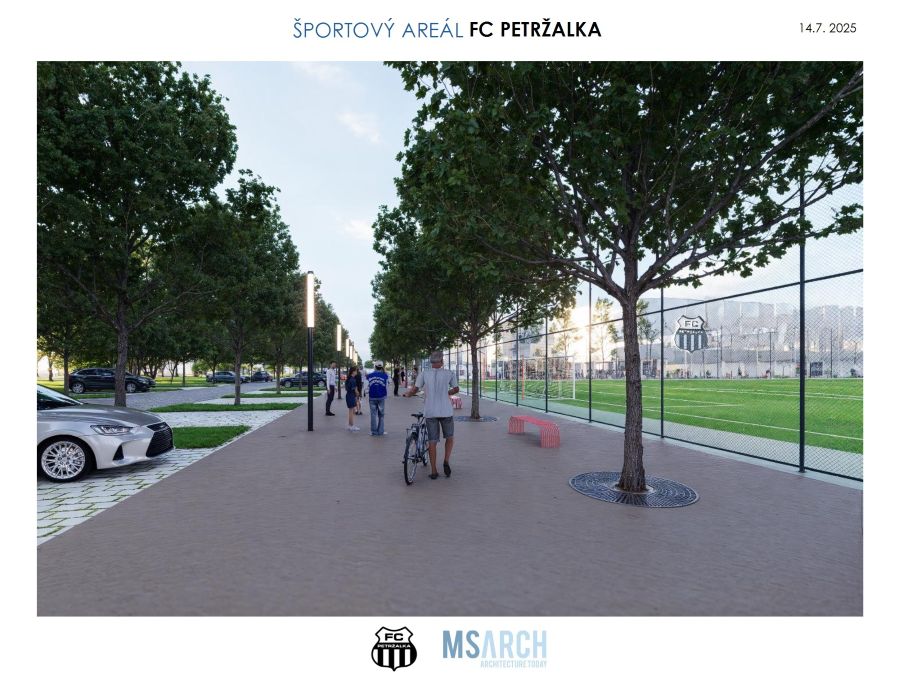 Vizualizácia Športového areálu FC Petržalka, ktorý má byť dostupný aj cyklistom. Vizualizácia Športového areálu FC Petržalka, ktorý má byť dostupný aj cyklistom.