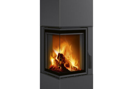 Rohový akumulačný krb Romotop HARMONY L HA s lakovaným plechovým opláštením