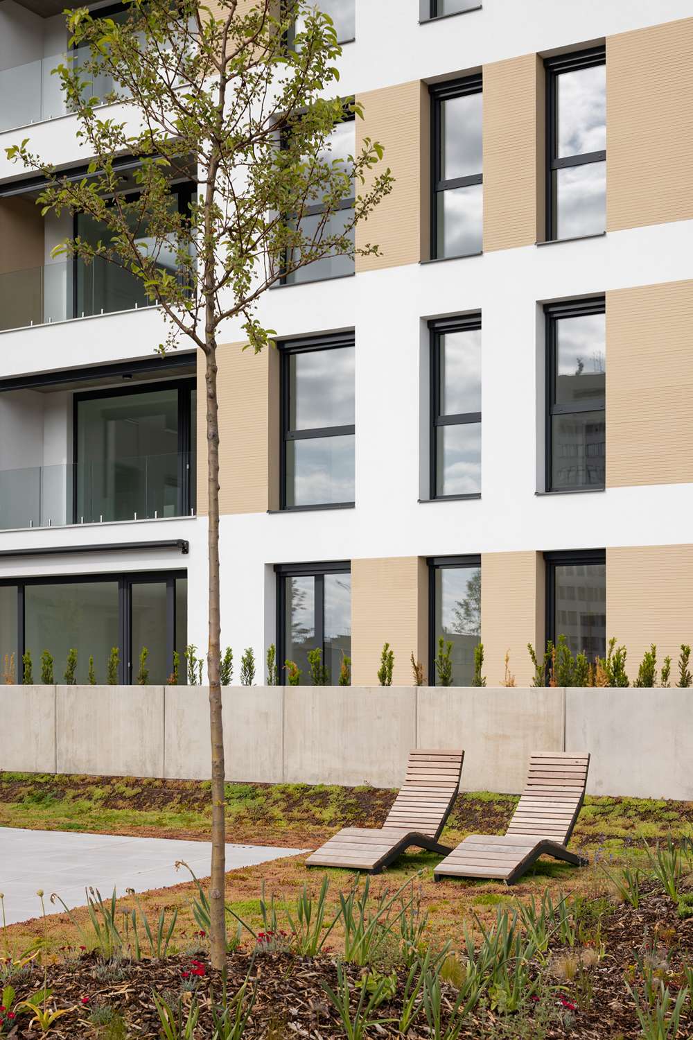 Fasáda objektu sa vyznačuje pravidelným rastrom okenných otvorov a farebným kontrastom medzi jednotlivými krídlami.