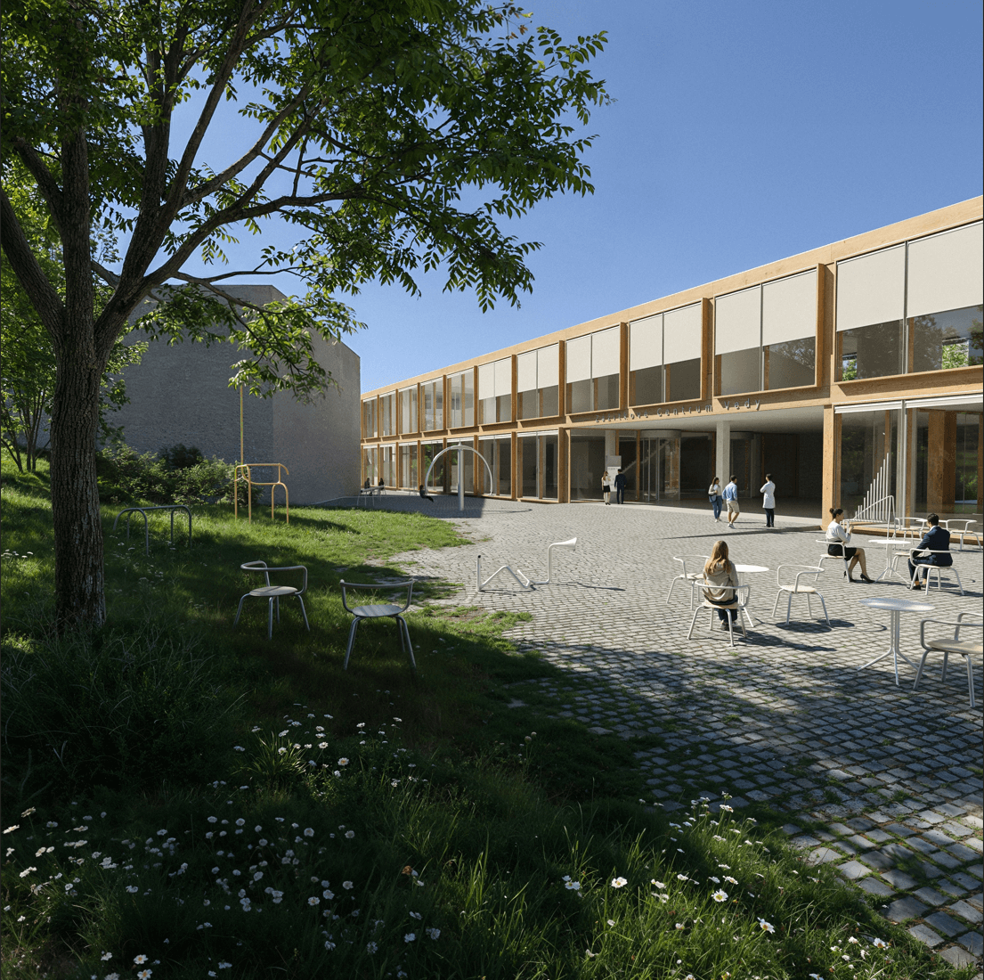 Navrhovaný objekt ZCV sa vyznačuje silne lineárnym tvarom a bohate presklenou fasádou.