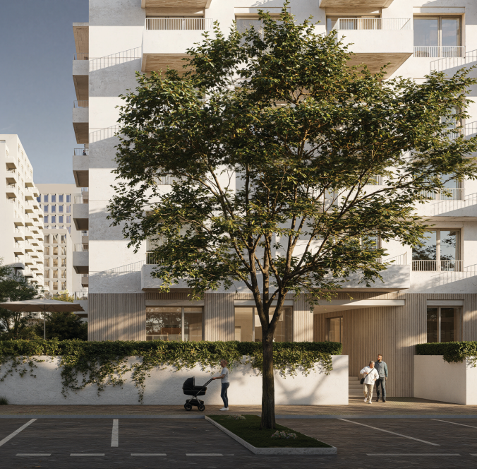 Na úrovni terénu budú v projekte Mlynárka byty s predzáhradkami a medzi parkovacími miestami stromy, ktorú vytvoria v lete tieň. Na úrovni terénu budú v projekte Mlynárka byty s predzáhradkami a medzi parkovacími miestami stromy, ktorú vytvoria v lete tieň.