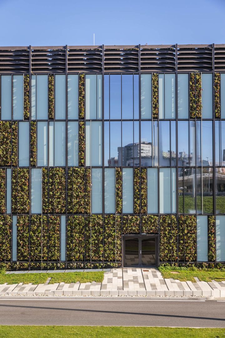 Zelená fasáda je skutočne atypická – svojím zaoblením rohu aj kombináciou sklenených panelov so zeleňou.