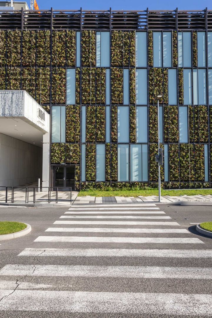 Zelená fasáda je skutočne atypická – svojím zaoblením rohu aj kombináciou sklenených panelov so zeleňou.