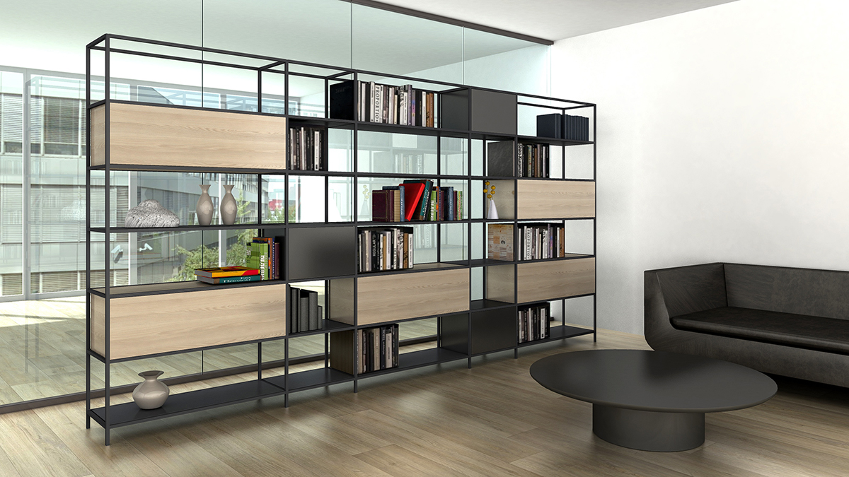 Knižnica s kovovou konštrukciou a drevenými výplňami v kancelárii