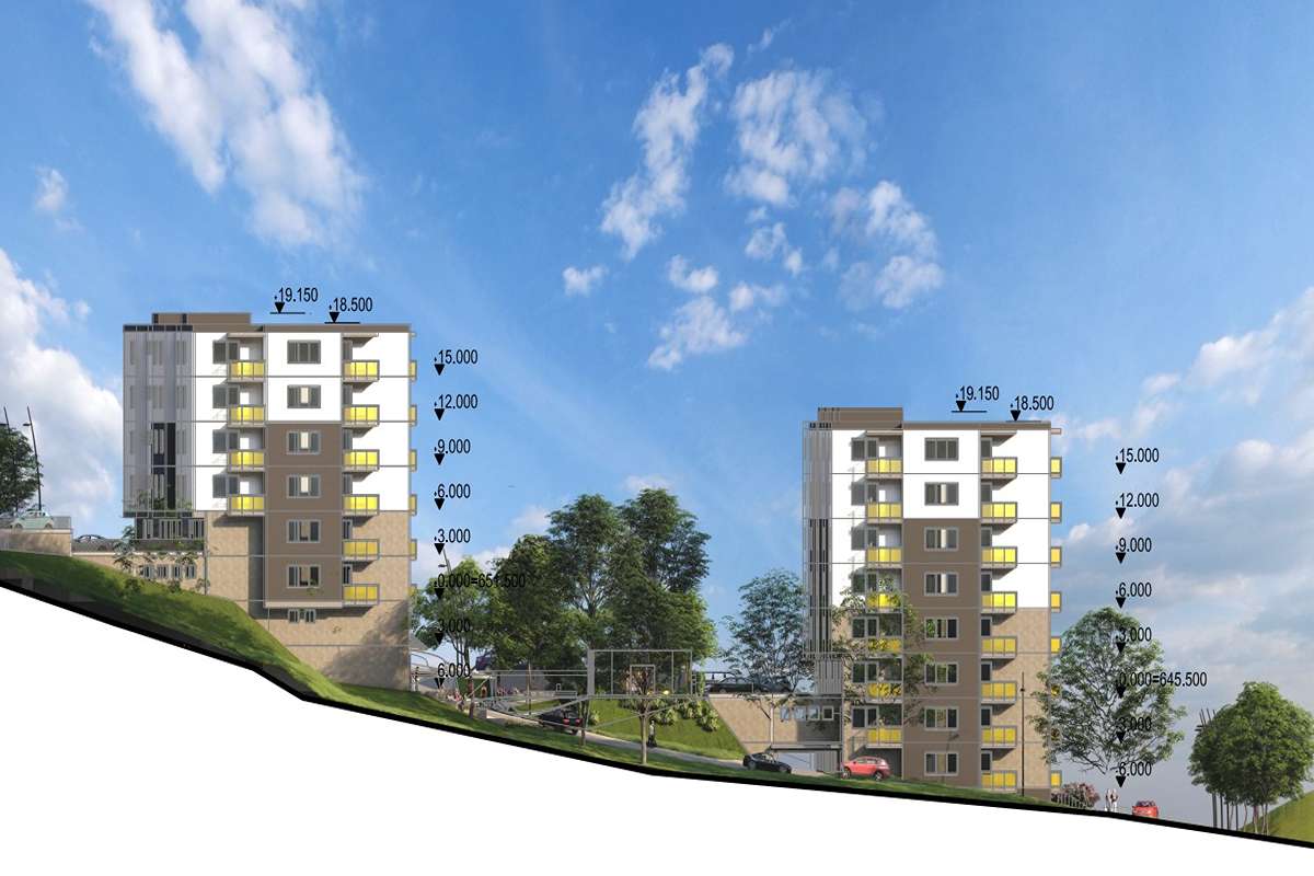 Navrhovaná architektúra vychádza z jednoduchých geometrických hmôt, ktoré prirodzene sledujú tvar a sklon pozemku.