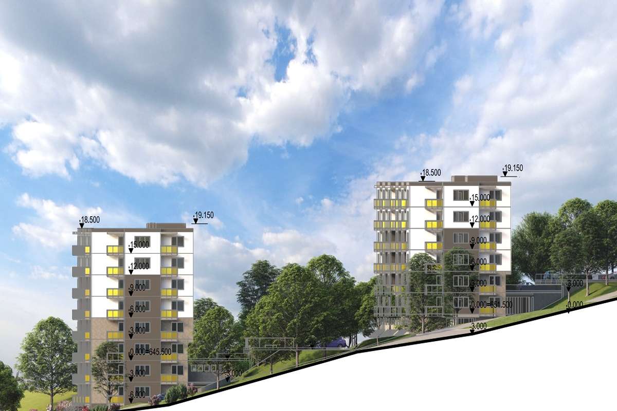 Navrhovaná architektúra vychádza z jednoduchých geometrických hmôt, ktoré prirodzene sledujú tvar a sklon pozemku.