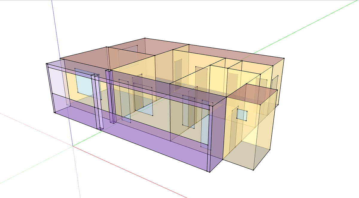 Obr. 1 Výpočtový model simulovanej bytovej jednotky – a) priehľadný, b) plný