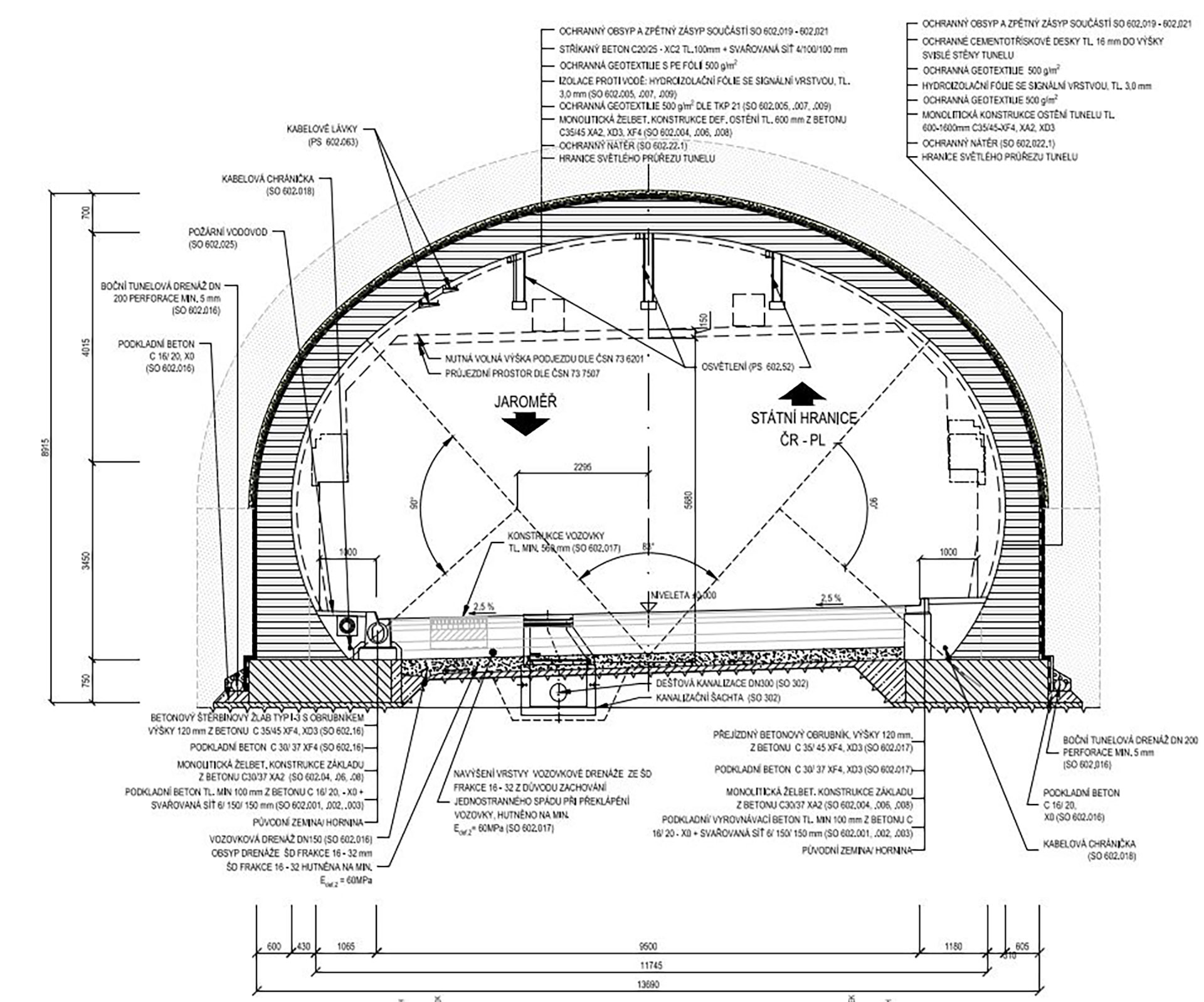 Obr. 4 Vzorový priečny rez hĺbenou časťou tunela Dolní Radechová