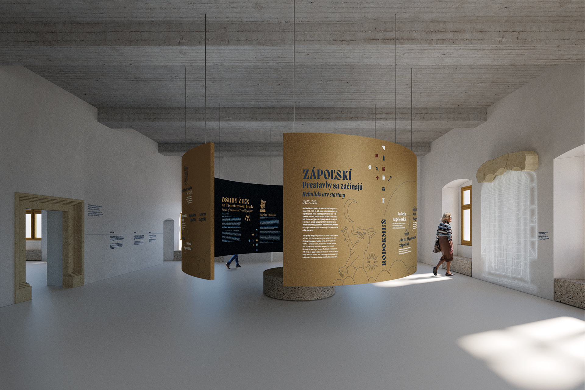 Trenčiansky hrad - Expozícia 2026, Palác Zapoľských. Navrhovaná expozícia podporuje výrazovú, významovú a materiálovú autenticitu priestorov dvoch palácov. Vizualizácia: ô