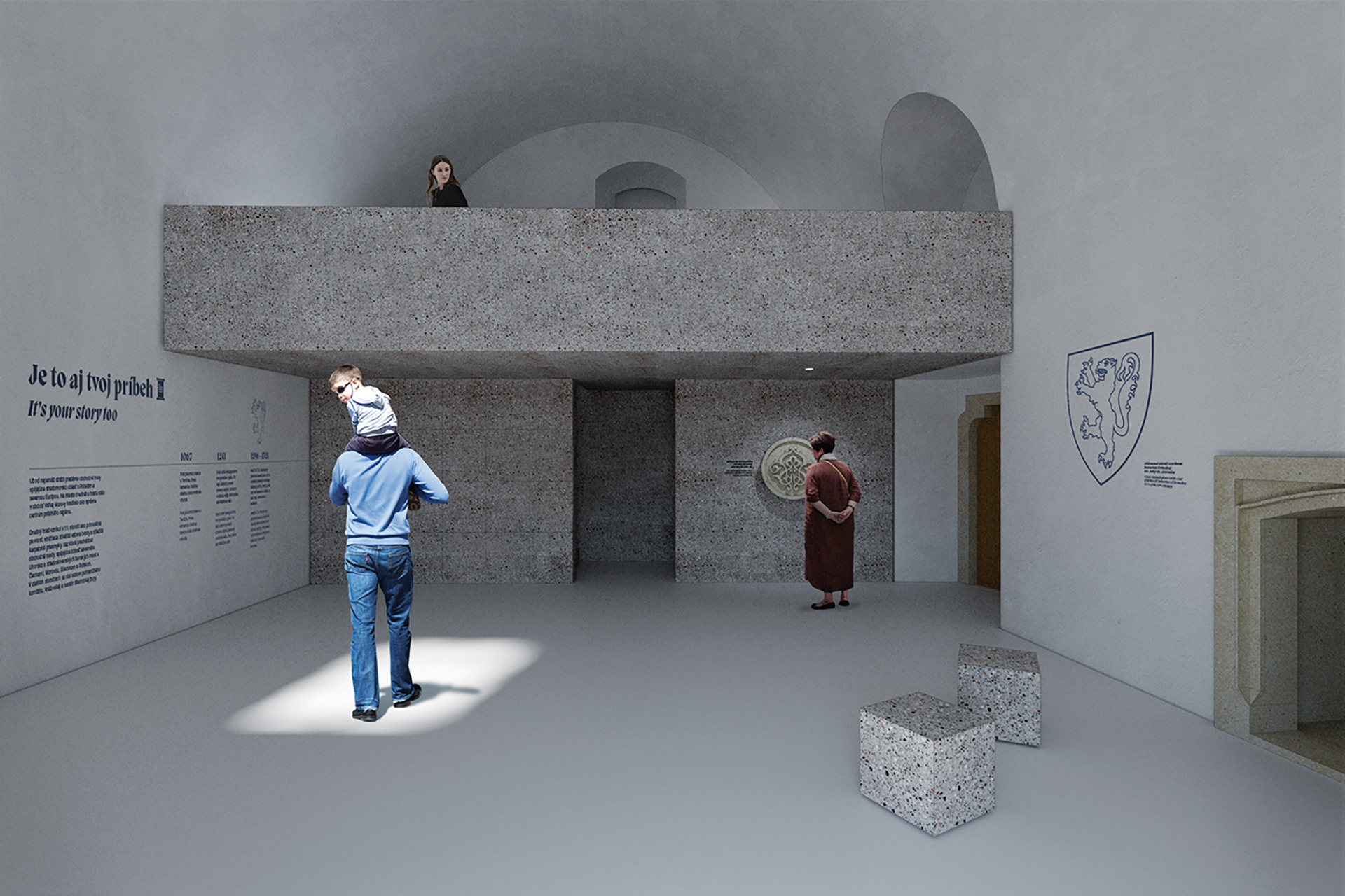 Trenčiansky hrad - Expozícia 2026, Palác Zapoľských. Navrhovaná expozícia podporuje výrazovú, významovú a materiálovú autenticitu priestorov dvoch palácov. Vizualizácia: ô