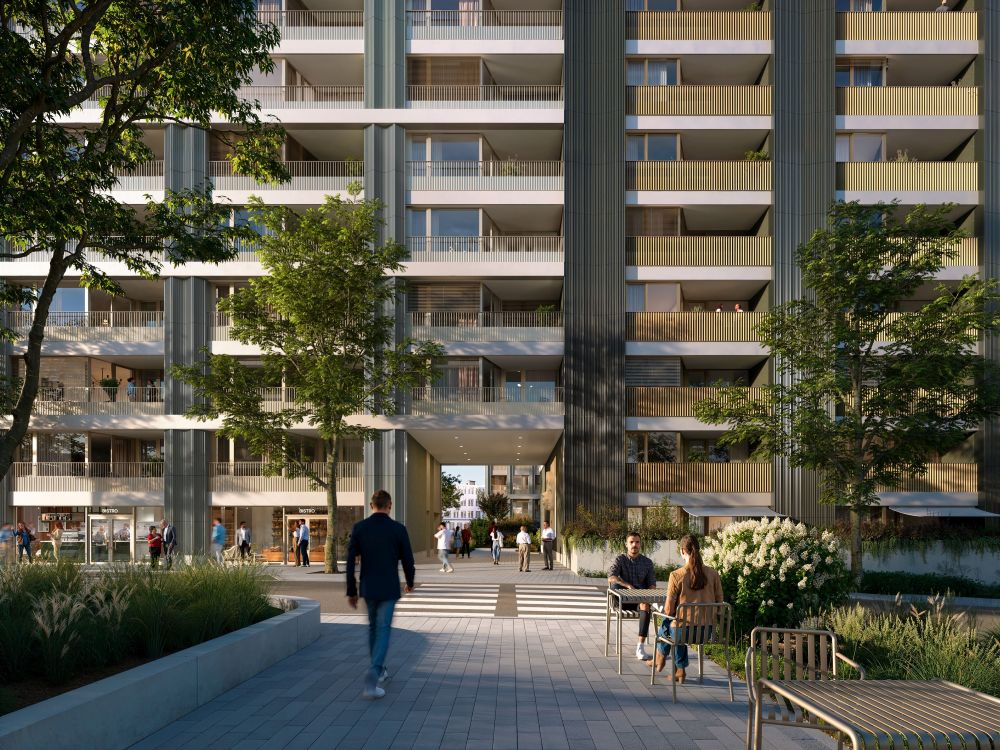 Vnútroblokové verejné priestory vo Florian Residence 2 v Bratislave.