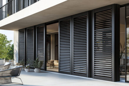 Elegantné čierne hliníkové panely s pevným tienením na modernom apartmánovom dome