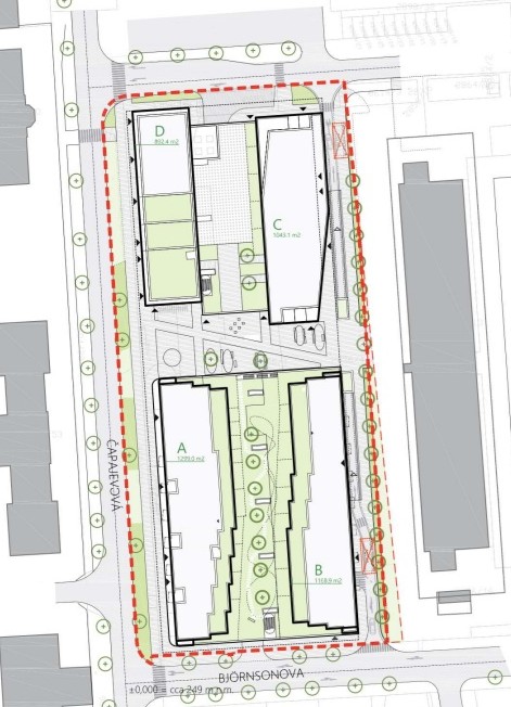 Umiestnenie štyroch obytných objektov, peších prepojení a výsadba novej zelene v návrhu v zámere Tatran Residence v Prešove Umiestnenie štyroch obytných objektov, peších prepojení a výsadba novej zelene v návrhu v zámere Tatran Residence v Prešove