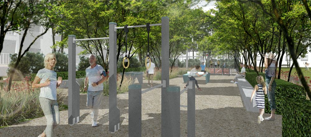 Chýbať nebude ani športovo-herná zóna a workout zostava.